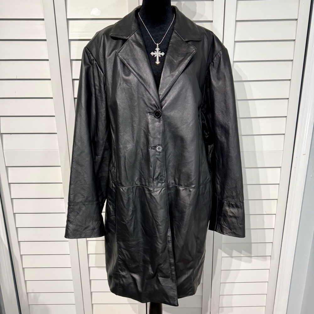 Vintage Bagatelle Black Genuine Leather Long Coat | Women's L–XL‎ | Y2K 90s